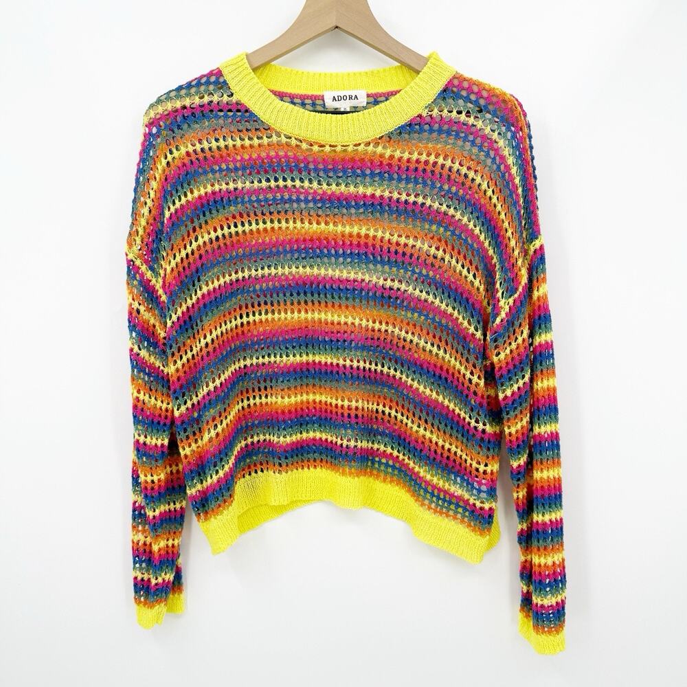 Adora Rainbow Crochet‎ Knit Sweater M Mesh Striped Neon Colorful Lgbtq+ Pride - Picture 2 of 8